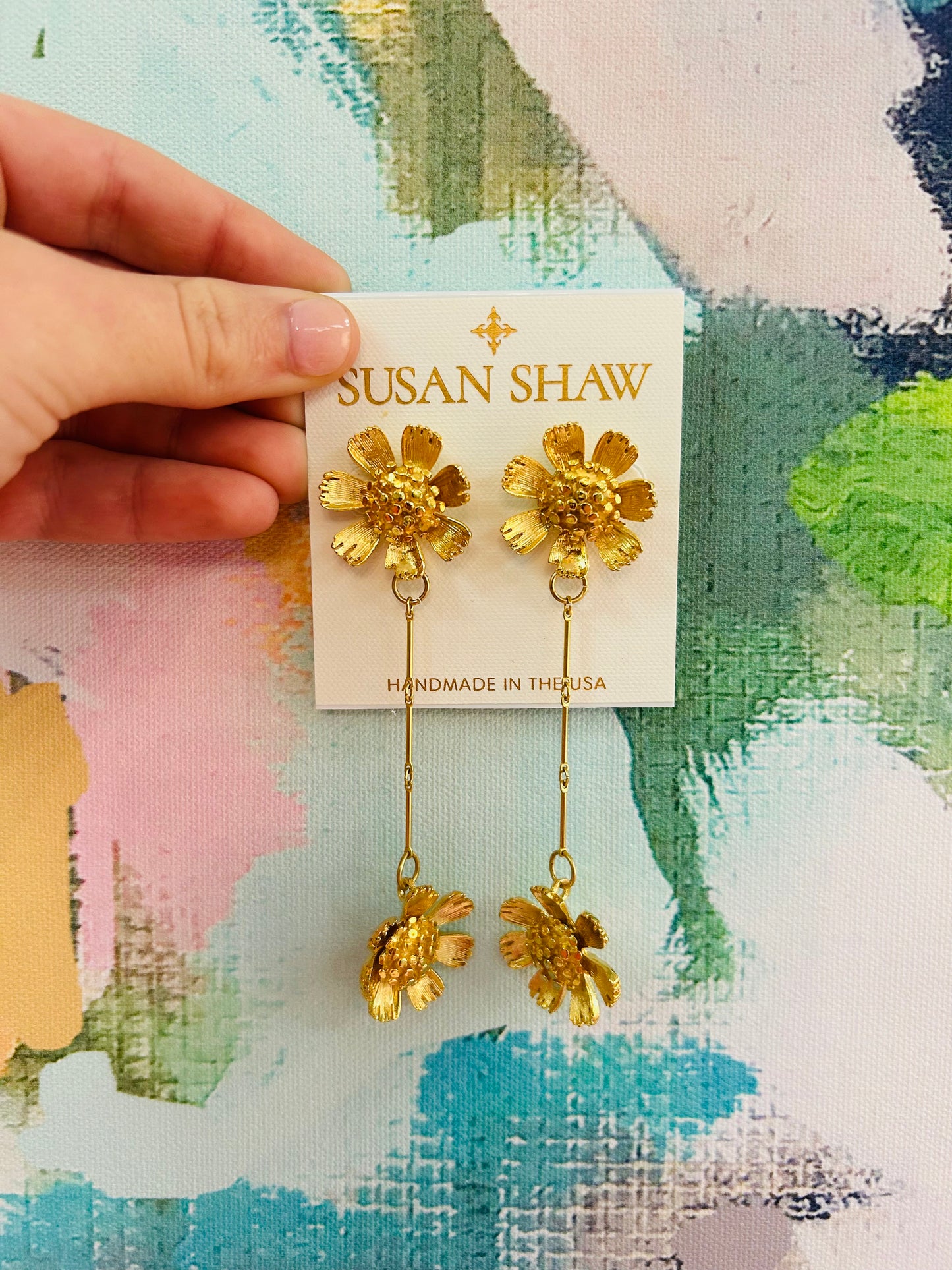 Handcast Gold Double Buttercup & Chain Earrings