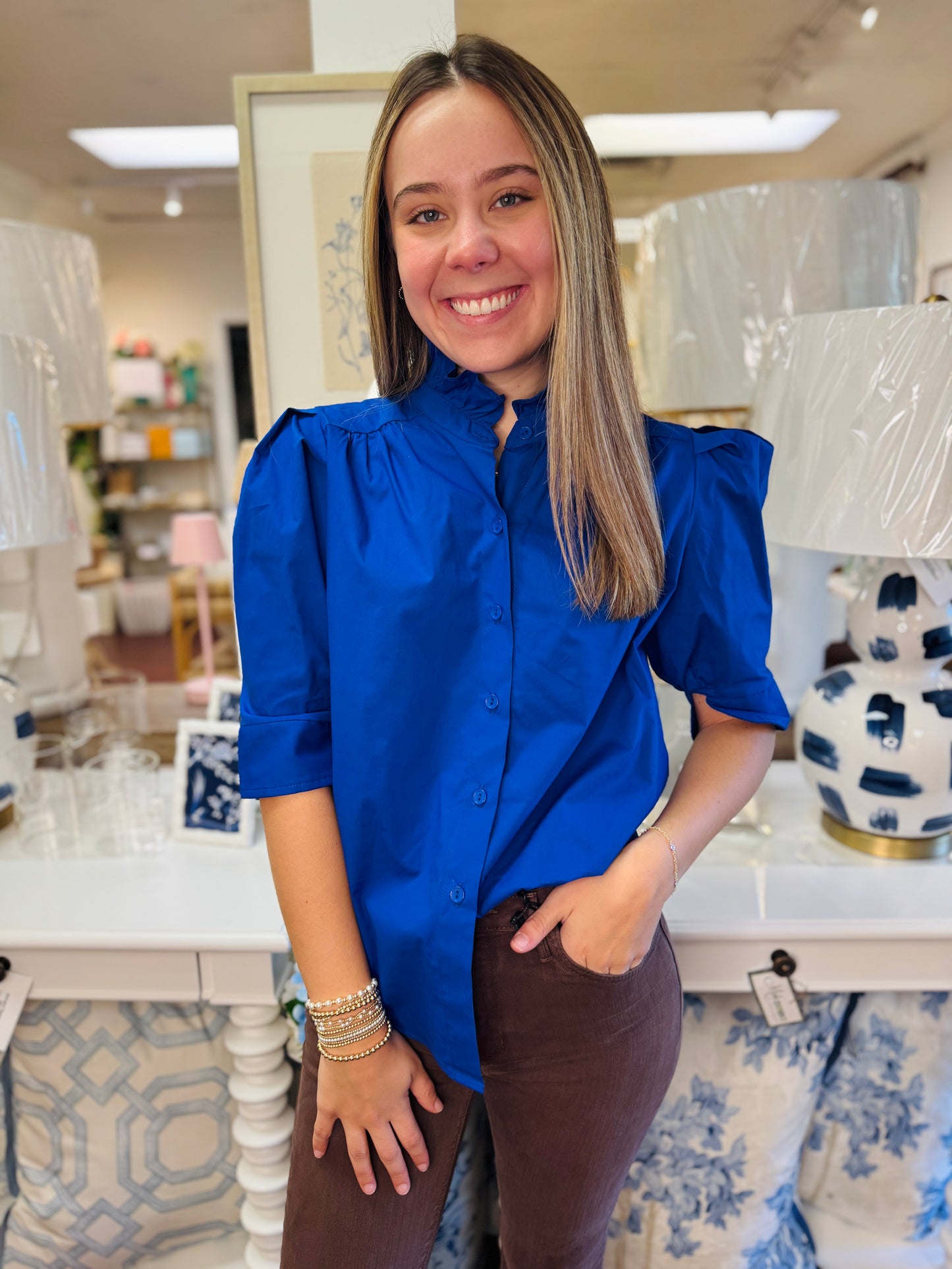 The Jodie Ruffle Shirt/ Royal Blue