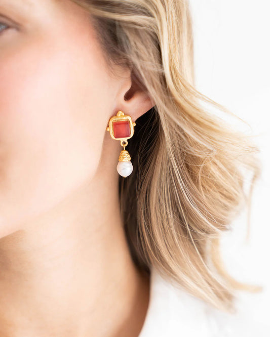 Susan Shaw/ Madeline Pearl Drop Earrings/ Gold + Red