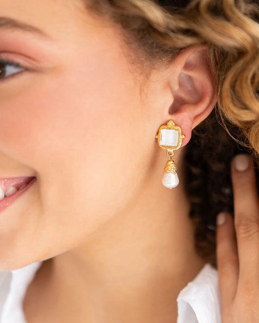 Susan Shaw/ Madeline Pearl Drop Earrings/ Gold + White
