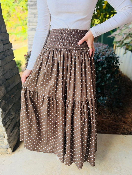 The Aerin Maxi Skirt/ Brown Polka Dot