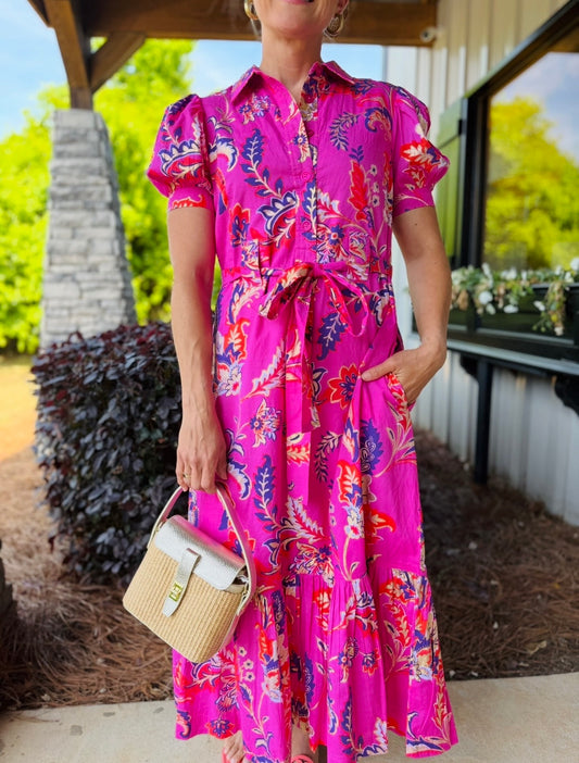 Jude Connally/ The Marina Dress/ Feathered Floral Pink Gold