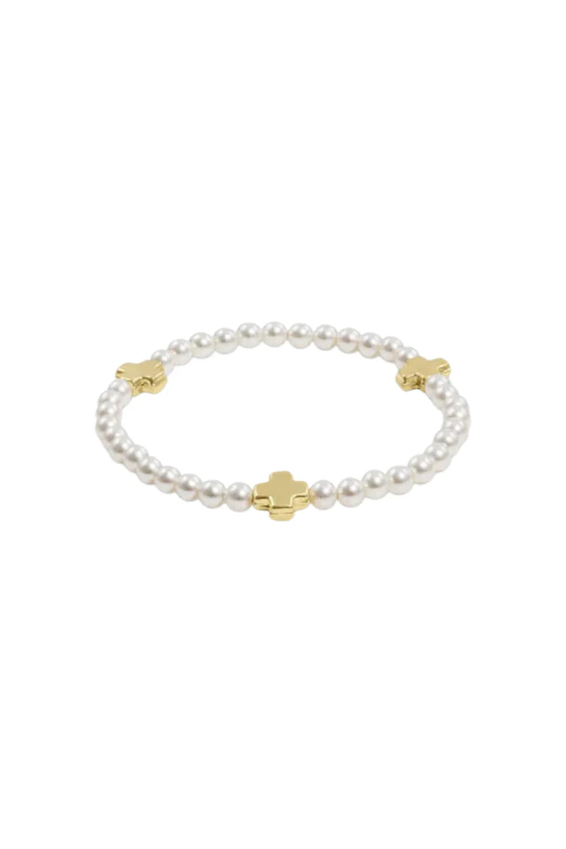 ENewton/Signature Cross Small Pearl Pattern 4MM Bead Bracelet-Gold