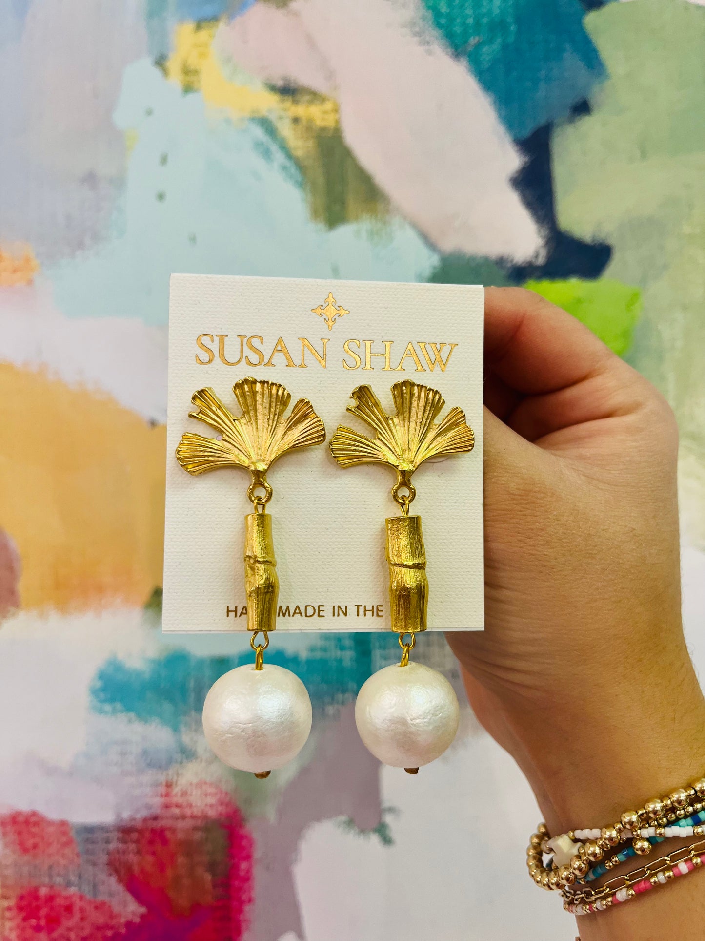 Susan Shaw/ Gold Ginkgo, Bamboo & Cotton Pearl Earring