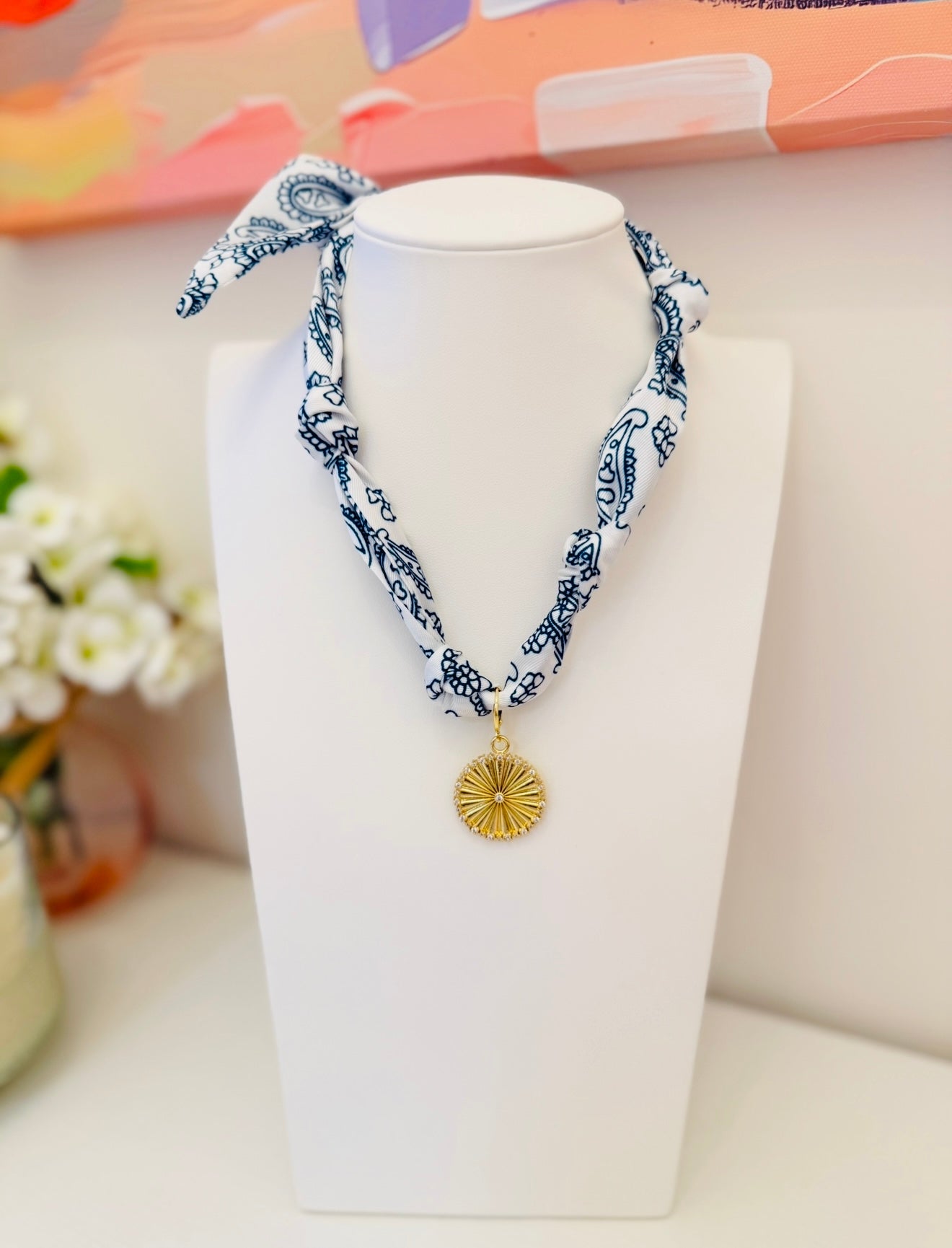 The Create Your Own Necklace-Navy and White Paisley-CZ Coin