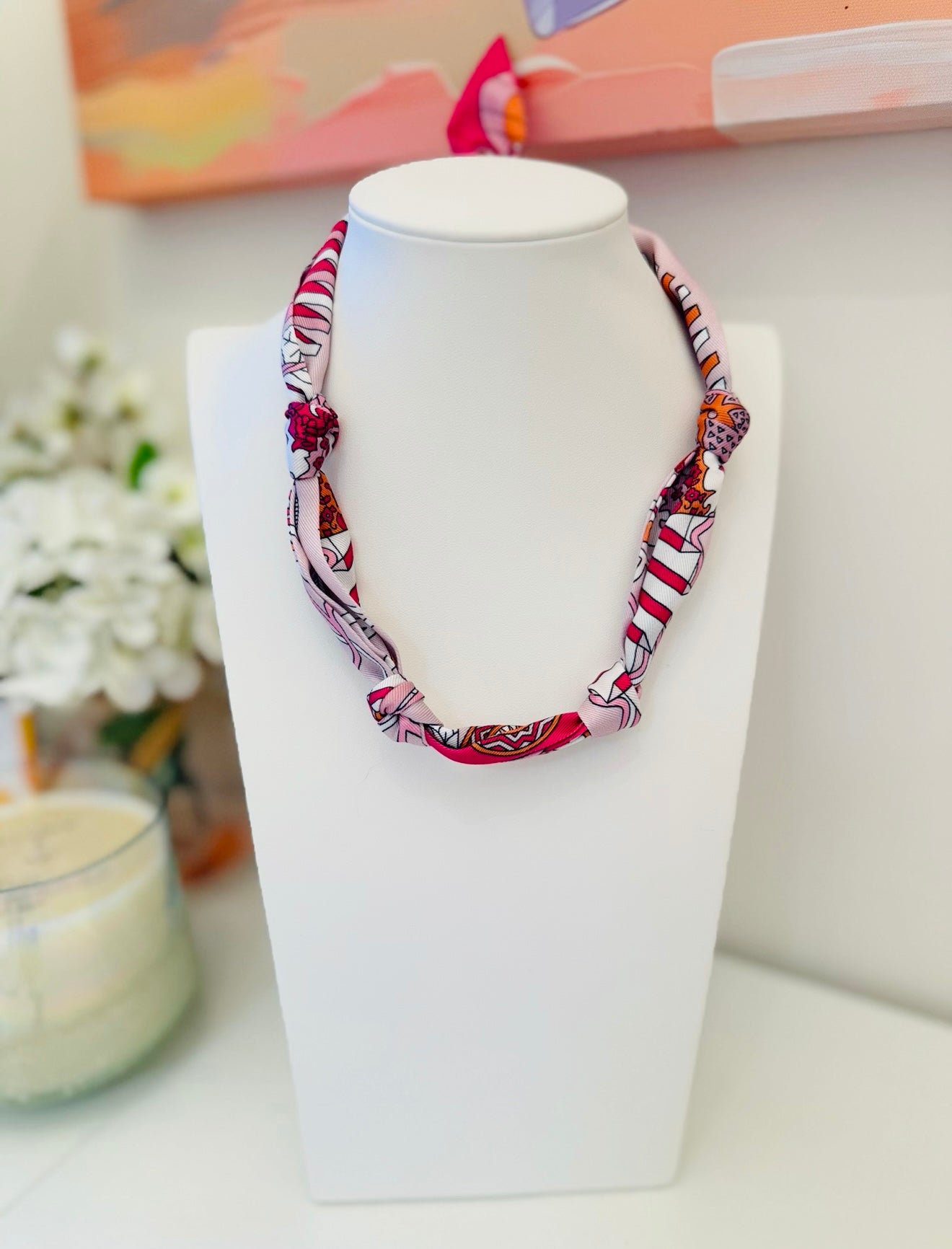 The Knotted Pink and White Scarf Necklace