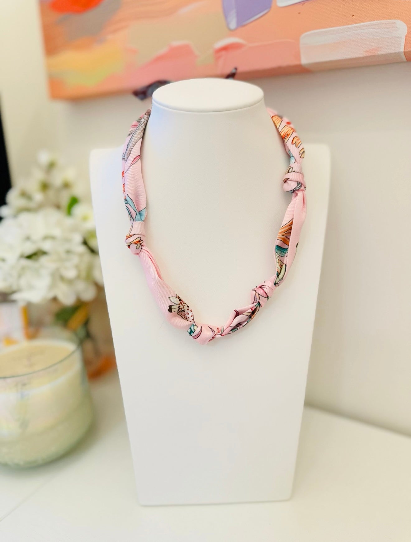 The Knotted Light Pink and Yellow Scarf Necklace