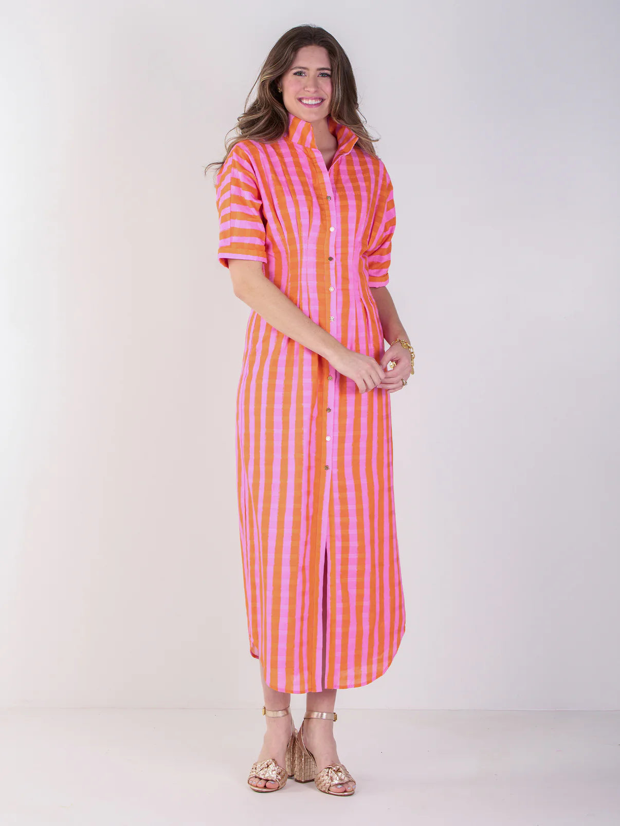 Emily McCarthy/ Georgia Dress/ Coral Pink Stripe