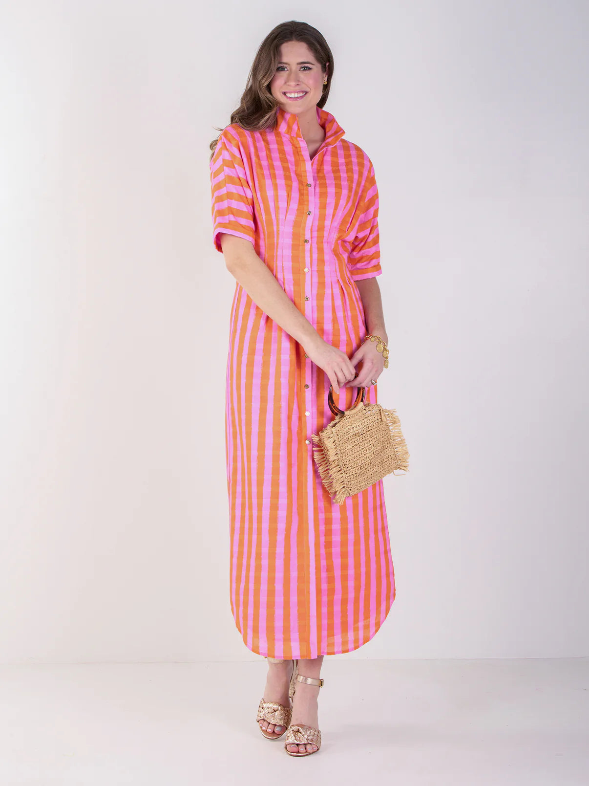 Emily McCarthy/ Georgia Dress/ Coral Pink Stripe