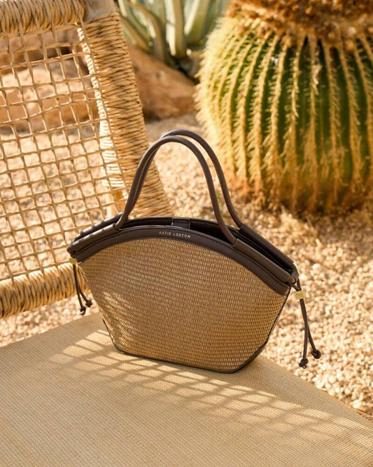 Katie Loxton/ The Florence Mini Tote Bag/ Natural Raffia + Chocolate