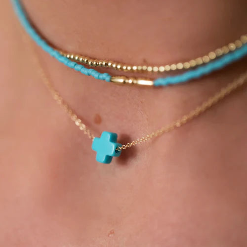 ENewton/ 16" Necklace Gold-Signature Cross Turquoise