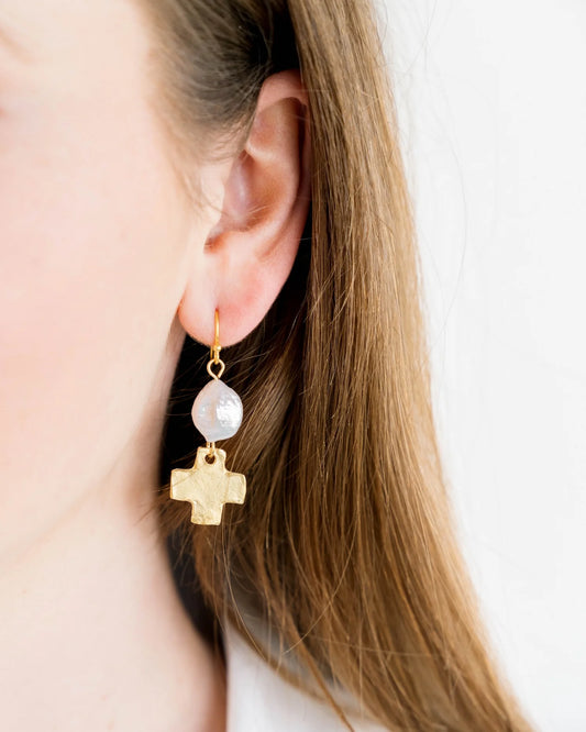 Susan Shaw/ Coin Pearl + Gold Cross Drop Earrings
