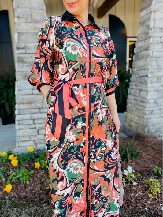 Jade/ Autumn Scroll Maxi Shirt Dress/ FINAL SALE