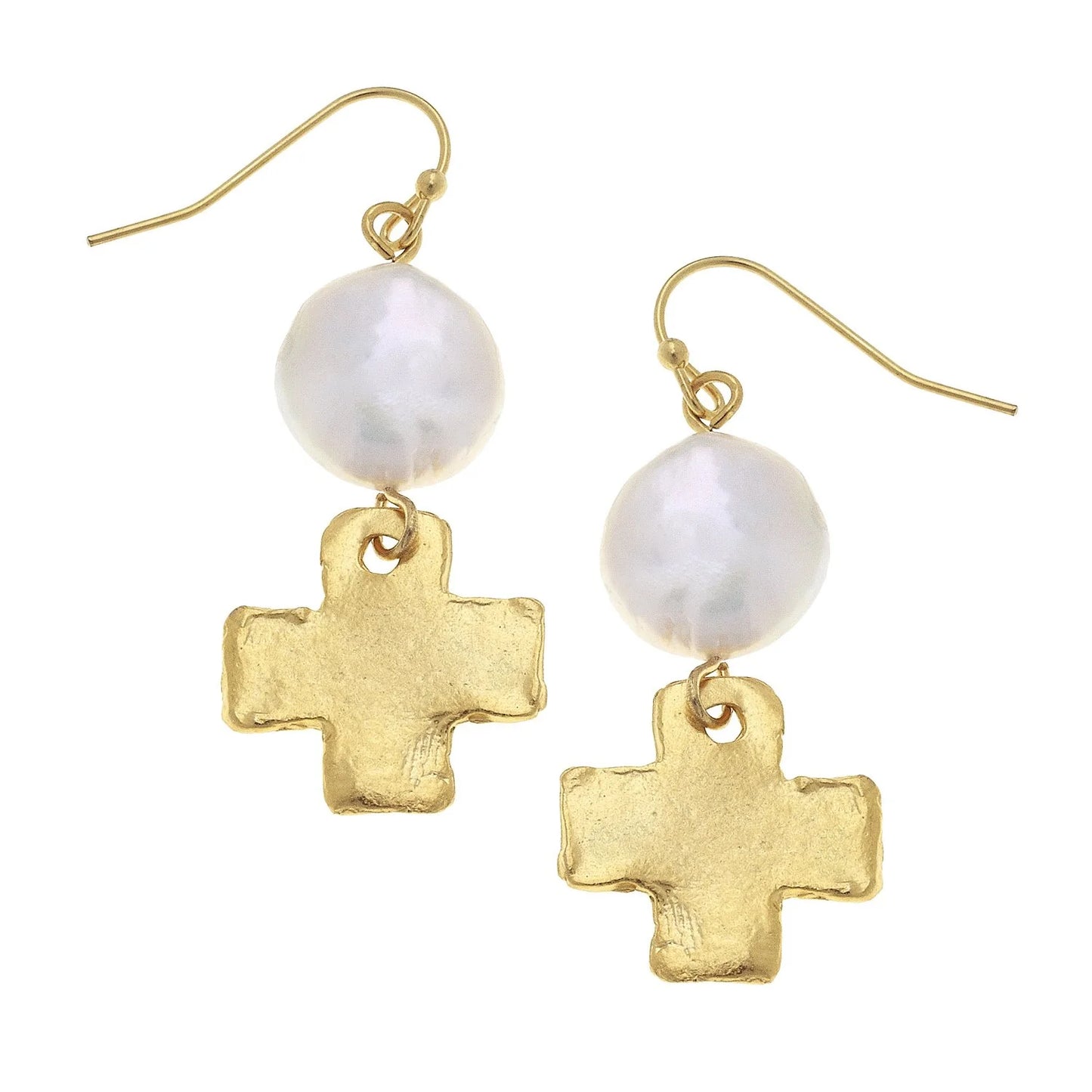 Susan Shaw/ Coin Pearl + Gold Cross Drop Earrings