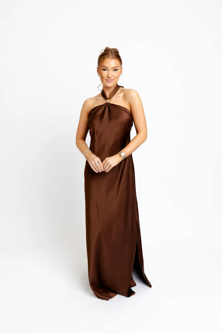 Karlie/ The Sawyer Satin Halter Maxi/ Brown