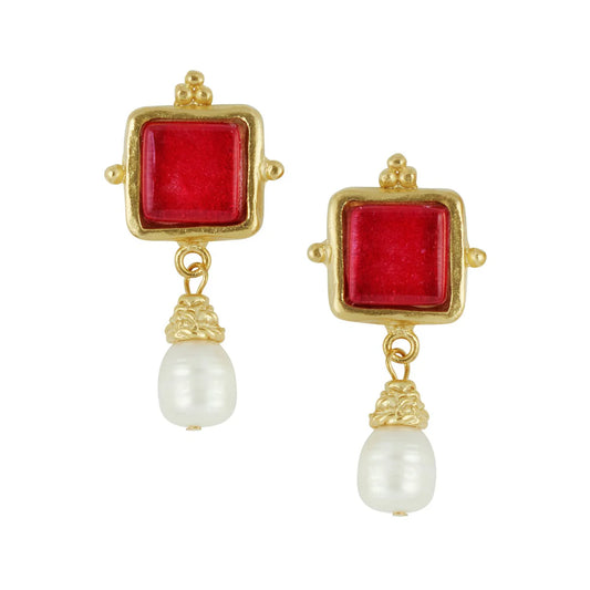 Susan Shaw/ Madeline Pearl Drop Earrings/ Gold + Red