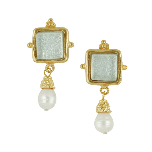 Susan Shaw/ Madeline Pearl Drop Earrings/ Gold + White