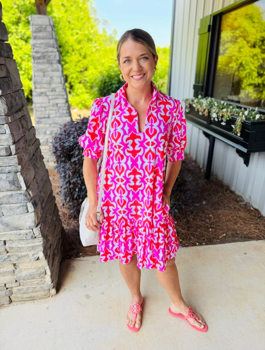 Jude Connally/ The Tierney Dress/ Geo Fleur Hot Pink