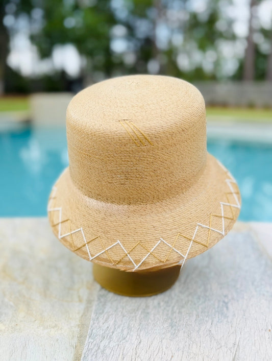 Tipsy Threads/ The Natural Palm Stitched Bucket Hat/ Gold + White