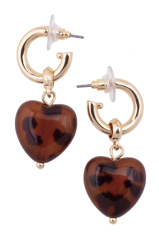 The Annabelle Heart Drop Hoop Earrings/ Tortoise
