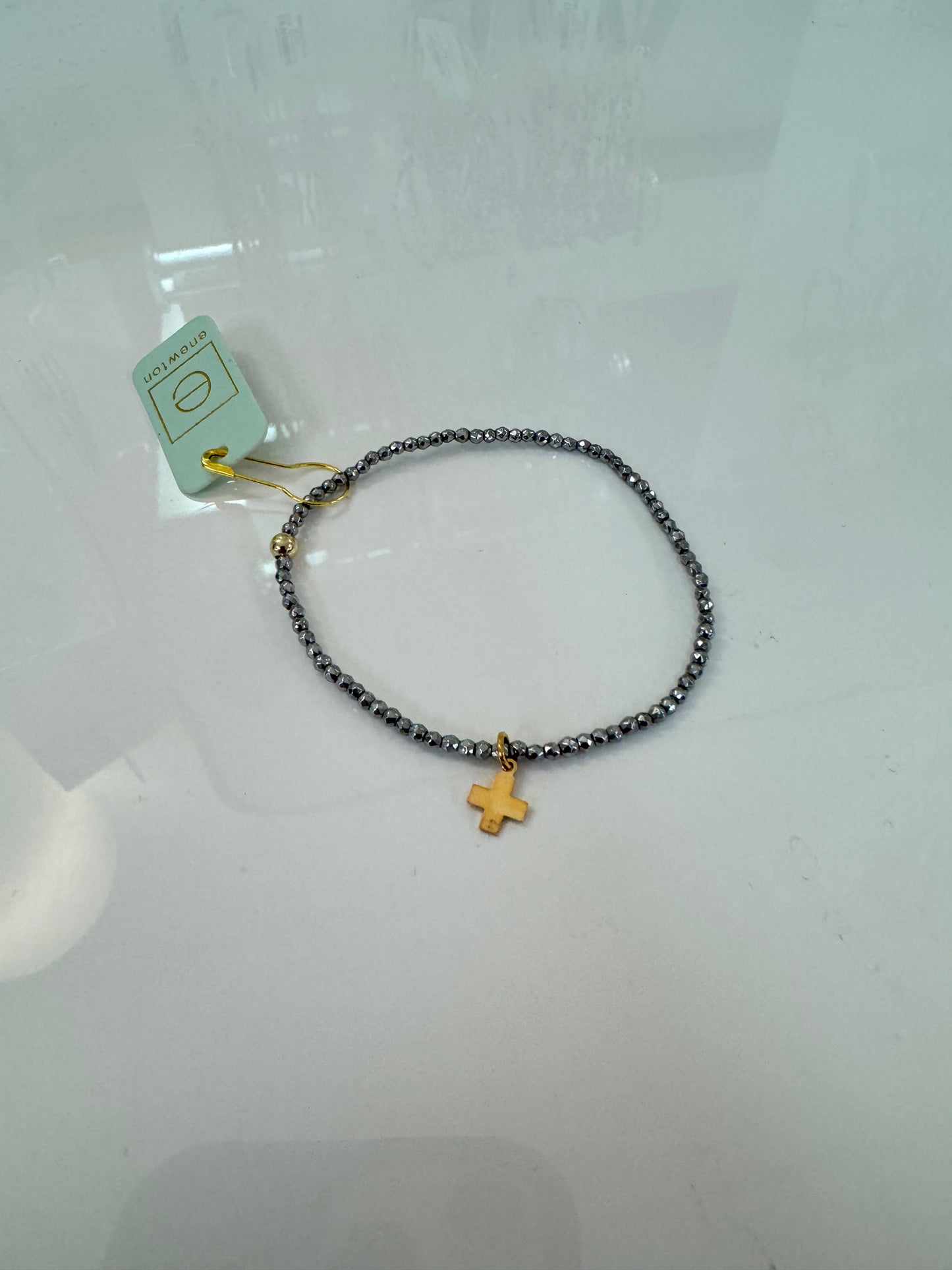 ENewton/ Silver Faceted Hematite 2mm Bead Bracelet-Signature Cross Gold Charm