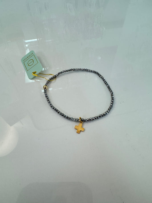 ENewton/ Silver Faceted Hematite 2mm Bead Bracelet-Signature Cross Gold Charm