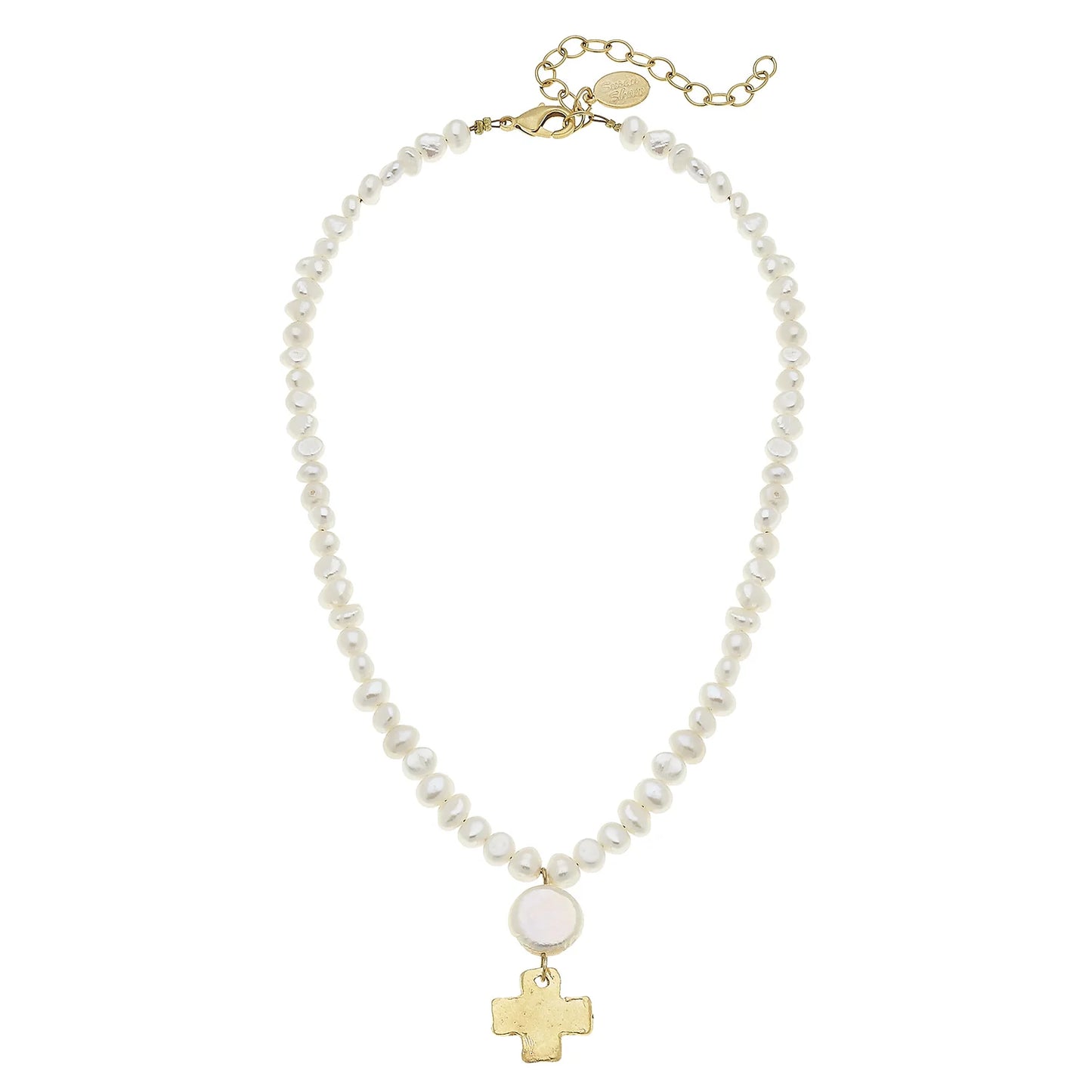 Susan Shaw/ Coin Pearl Gold Cross Drop Necklace