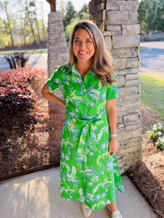 Jude Connally/ The Glenda Stretch Poplin Dress/ Feathered Floral Grass
