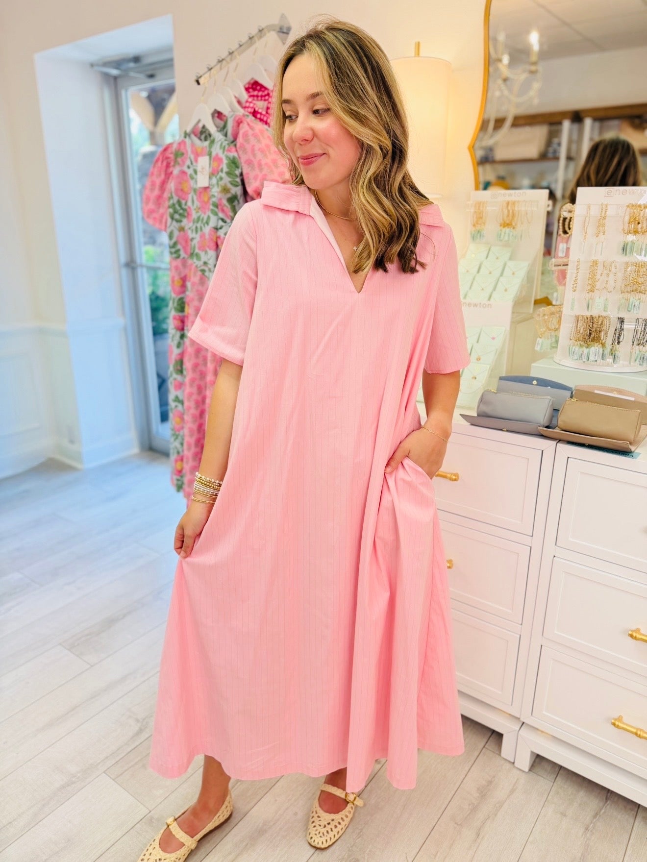 The Audrey Midi Dress/ Pink Pinstripe