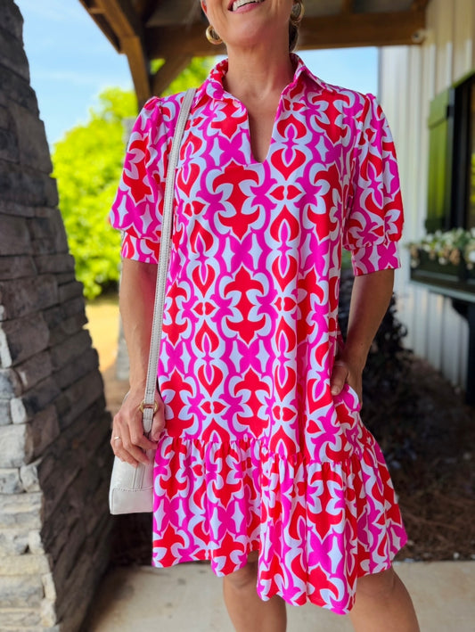 Jude Connally/ The Tierney Dress/ Geo Fleur Hot Pink