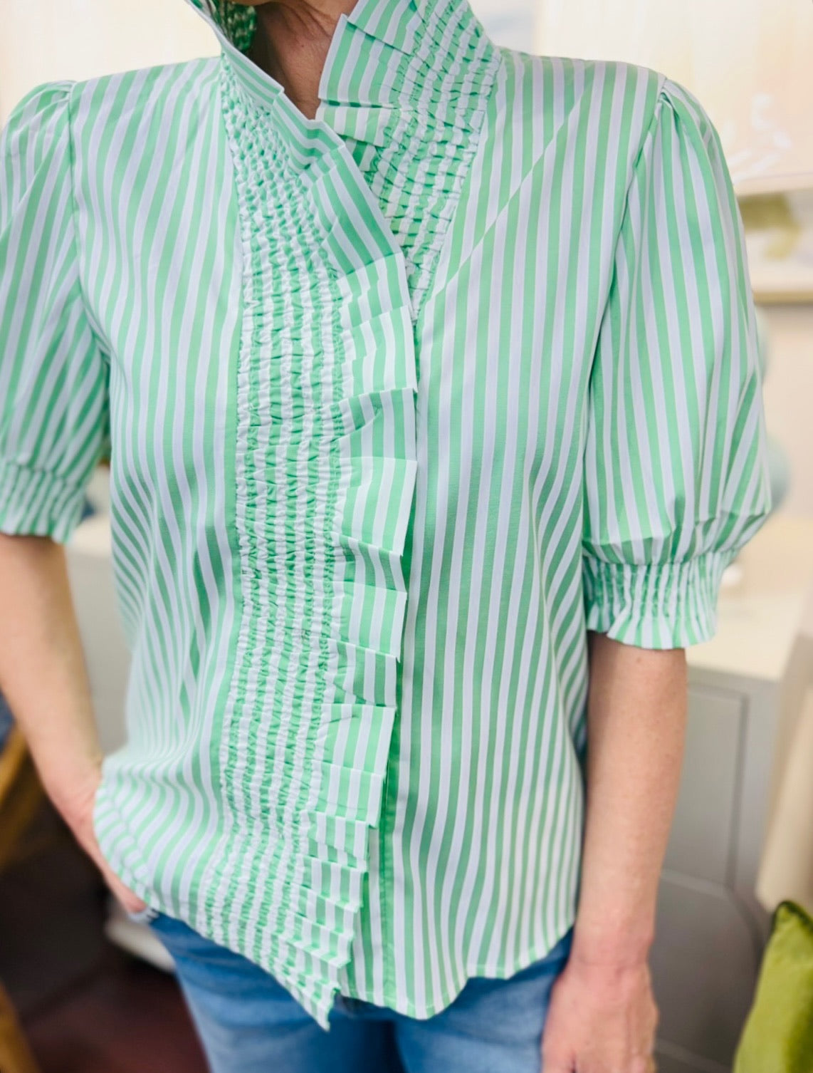 Boho Chic/ The Poppi Pinstripe Top/ Green + White