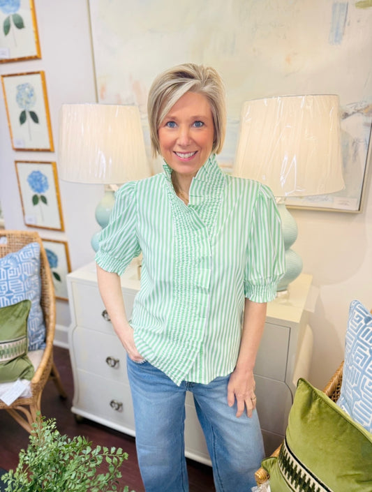 Boho Chic/ The Poppi Pinstripe Top/ Green + White