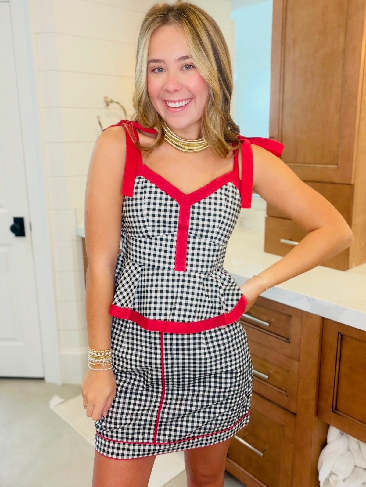 The Addie Top/ Black Gingham + Red
