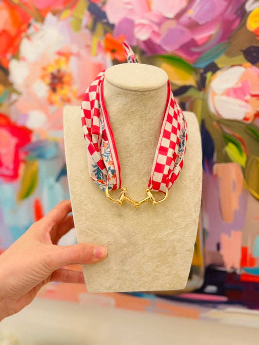 The Hollie Horsebit Scarf Necklace/ Fuchsia Checkered