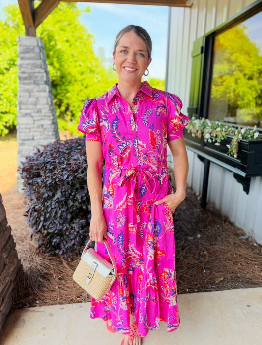 Jude Connally/ The Marina Dress/ Feathered Floral Pink Gold