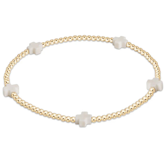 ENewton/ Signature Cross Small Gold Pattern 2MM Bead Bracelet/ Off-White