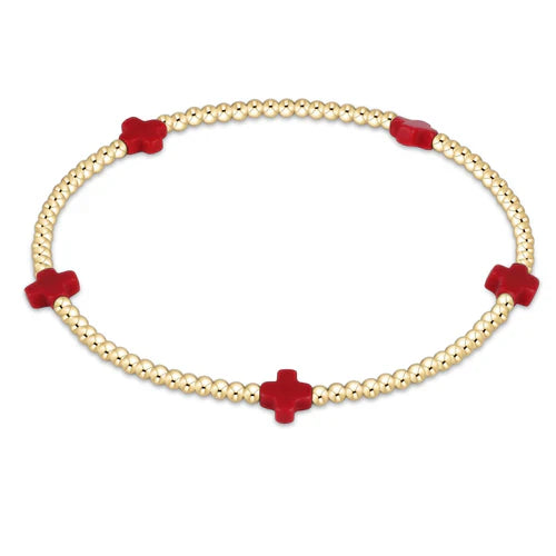 ENewton/ Signature Cross Small Gold Pattern 2mm Bead Bracelet-Red