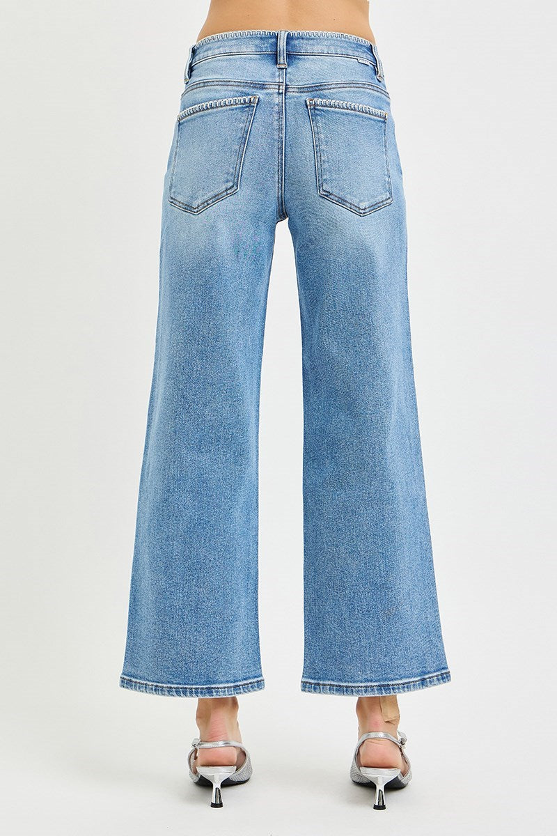 Risen/ HR Crop Wide Jean w/ Embroidery