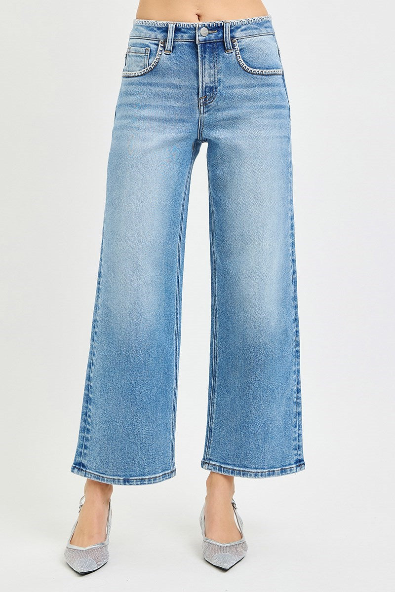 Risen/ HR Crop Wide Jean w/ Embroidery