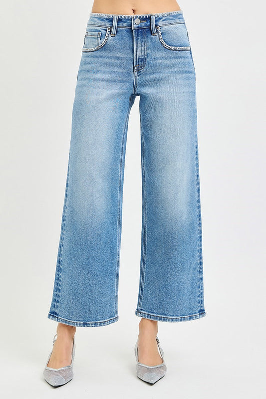Risen/ HR Crop Wide Jean w/ Embroidery