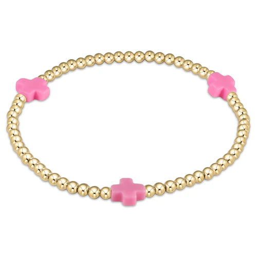 ENewton/ Signature Cross Gold Pattern 3MM Bead Bracelet/ Bright Pink