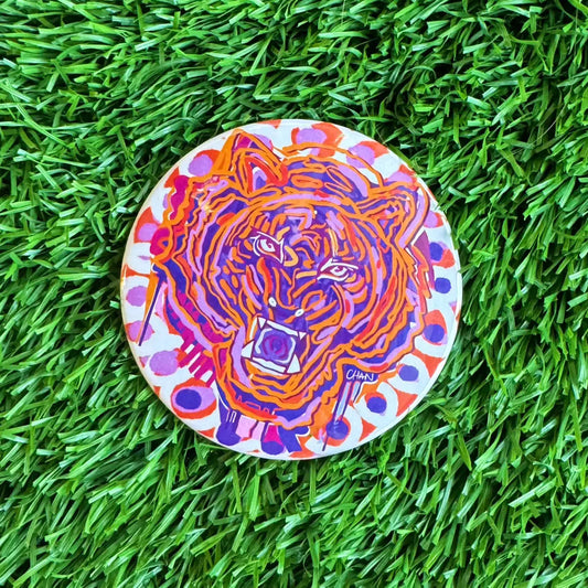 The Purple + Orange Tiger Button