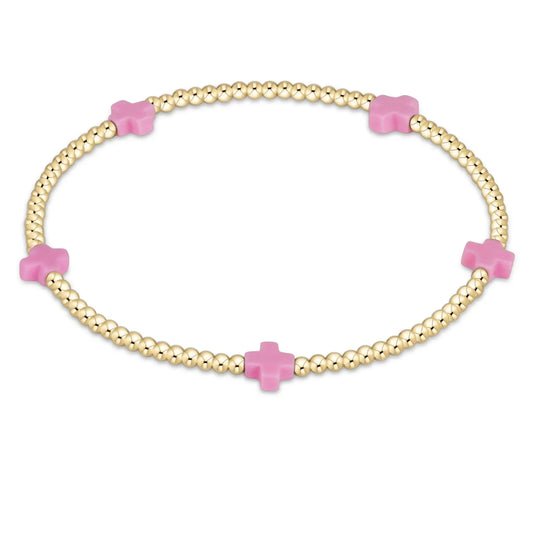 ENewton/ Signature Cross Small Gold Pattern 2MM Bead Bracelet/ Bright Pink