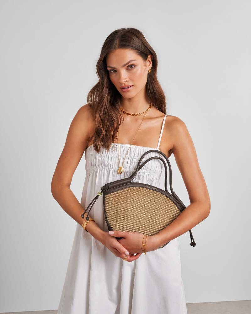 Katie Loxton/ The Florence Mini Tote Bag/ Natural Raffia + Chocolate